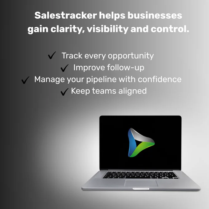 Graphic promoting Salestracker’s benefits, featuring a laptop with the company logo. The tone is professional and business-focused, emphasizing clarity, visibility, and control.