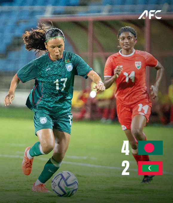 Players from Bangladesh and Maldives compete in a women's football match. Bangladesh leads with a score of 4 to 2.