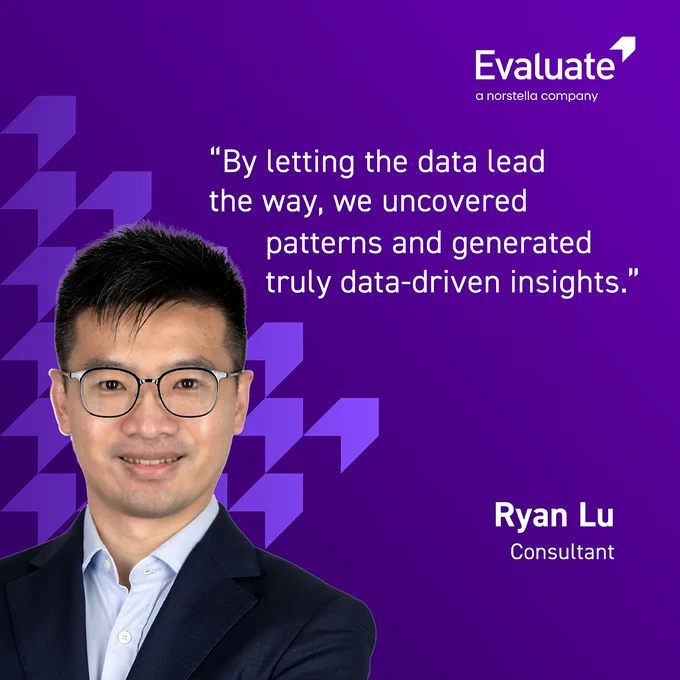 A professional consultant shares a quote about data-driven insights on a purple geometric background.
