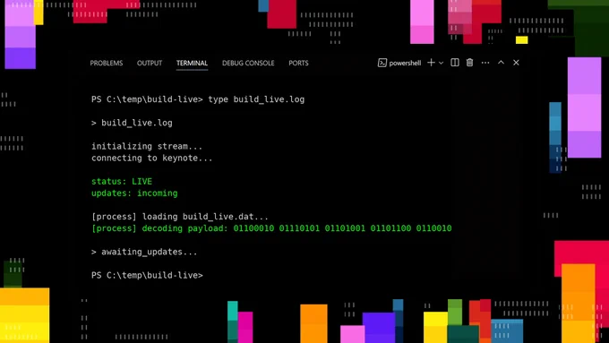 A terminal window displaying a log file with lines indicating the status as 'LIVE' and 'incoming'. The code shows loading and decoding operations with binary numbers. The background is colorful, featuring pink, yellow, and blue geometric shapes.