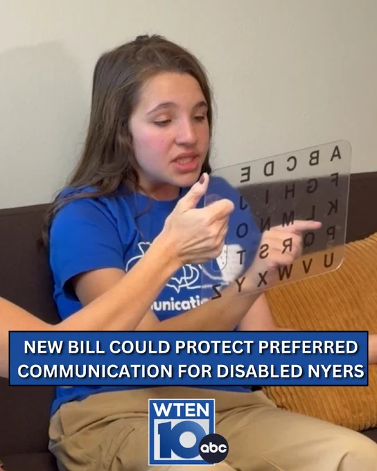 Abby spelling on a letter board. Blue banner with white news title. The news title reads "New bill could protect preferred communication for disabled NYers". The WTEN 10 ABC News logo is below the news title.
