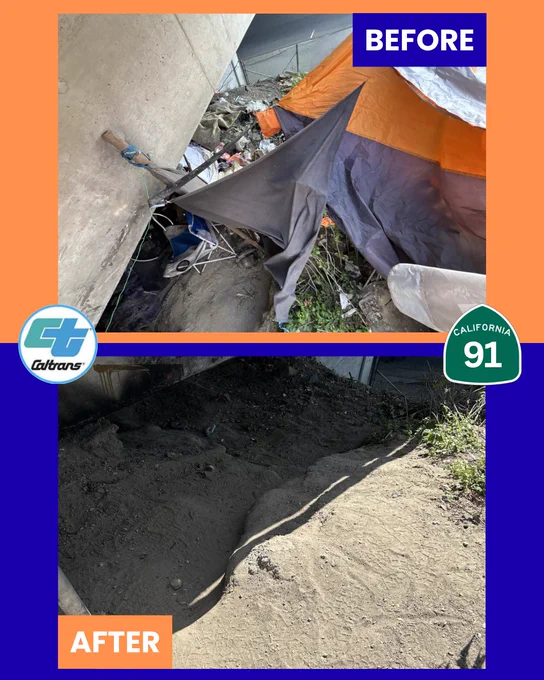 A comparison photo of a small dirt area by a roadway overpass. The top photo shows the area filled with trash and debris and the bottom photo shows the trash and debris cleared away.