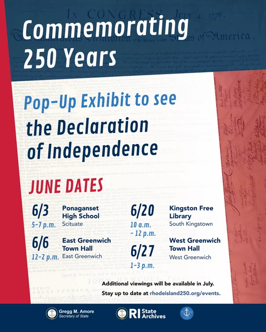 Pop-up exhibit showcasing the Declaration of Independence with June dates at Rhode Island locations including schools and libraries.