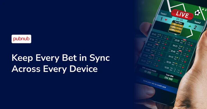 A promotional image featuring PubNub's service to keep bets synchronized across devices. It displays a phone with live betting options.