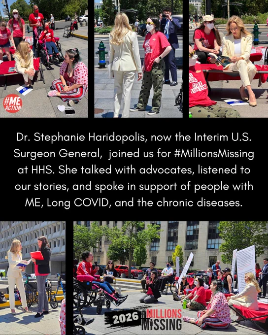 Dr. Stephanie Haridopolis engaging with advocates at a #MillionsMissing event supporting ME, Long COVID, and chronic disease awareness. 5 photos total showing Dr. Haridopolis listening to advocates. Top left clockwise: Dr sits on cot listening to advocate sitting on ground. Dr stands and listens to advocate speaking to her standing. Dr looks at book while sitting on cot. Dr stands speaking to advocate. Dr sits on cot while speaker speaks. Text in center: Dr. Stephanie Haridopolis, now the Interim U.S. Surgeon General,  joined us for #MillionsMissing at HHS. She talked with advocates, listened to our stories, and spoke in support of people with ME, Long COVID, and the chronic diseases.