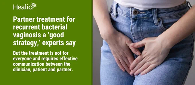 Informative image discussing the strategy of partner treatment for recurrent bacterial vaginosis. It's accompanied by a photo of a person with hands near their abdomen.