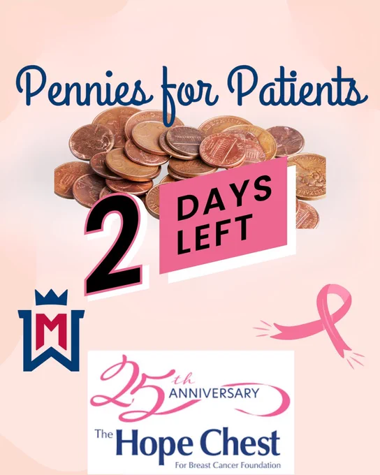 Graphic for Pennies for Patients -2 Days left to donate to the WM Middle school project to support The Hope Chest for Breast Cancer Foundation.