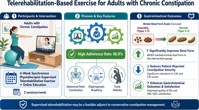 Key Points

Chronic constipation can substantially affect symptoms and quality of life, but evidence on live physiotherapist-supervised telerehabilitation in adults remains limited.
In this randomized controlled trial, adding a 4-week supervised telerehabilitation-based exercise program to online education improved stool form and reduced patient-reported constipation severity more than education alone.
High adherence suggests that synchronous telerehabilitation may be a feasible conservative care option, although larger trials with objective physiological outcomes and longer follow-up are needed.