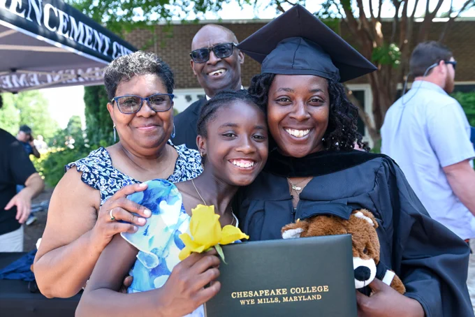 Four people are smiling at a graduation ceremony. One person is wearing a graduation cap and gown, holding a diploma that says Chesapeake College, Wye Mills, Maryland.