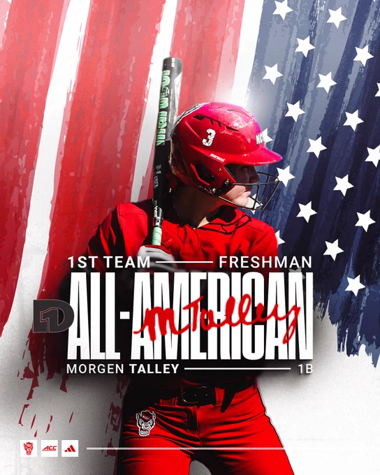 Graphic of NC State softball player Morgen Talley in a red uniform and helmet holding a bat in front of a stylized American flag background. Large white text across the center reads “1st Team Freshman All-American,” with Talley’s signature-style last name layered over the text in red. Smaller text at the bottom identifies “Morgen Talley — 1B,” alongside NC State, ACC and adidas logos.