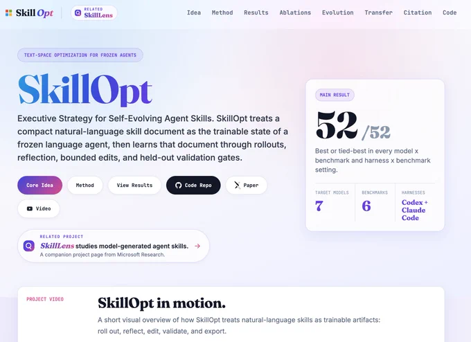 Captura de la página de SkillOpt de Microsoft Research, con un diseño futurista en tonos claros y morados. Se destaca el título “SkillOpt”, la descripción sobre Agent Skills autoevolutivos, botones de navegación como “Core Idea”, “Method” y “Code Repo”, y una tarjeta con el resultado principal: 52/52 mejores o empatados en benchmarks. Vamos, la típica landing que te hace pensar “esto es el futuro” y también “necesito café para leer el paper”.