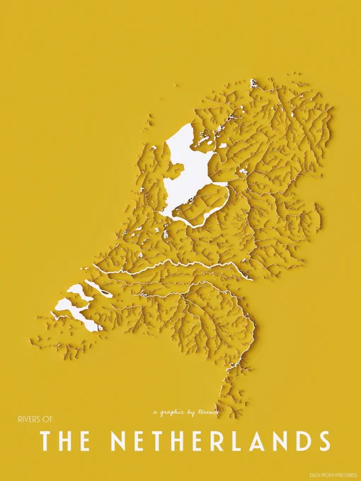 A visualisation of the Netherlands' rivers and lakes
