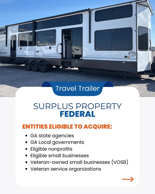 Graphic contains image of a white 2025 Forest River Mobile Housing Unit. The graphic also contains a list of the type of entities eligible to acquire the item. 