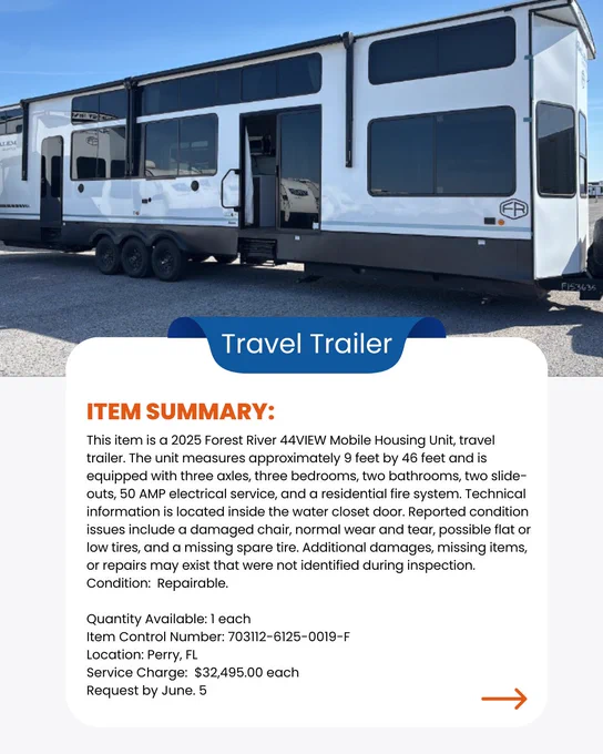 Graphic contains image of a white 2025 Forest River Mobile Housing Unit. The graphic also contains written information about the item including the price of $32,495.00 and the items location which is Perry, FL. 