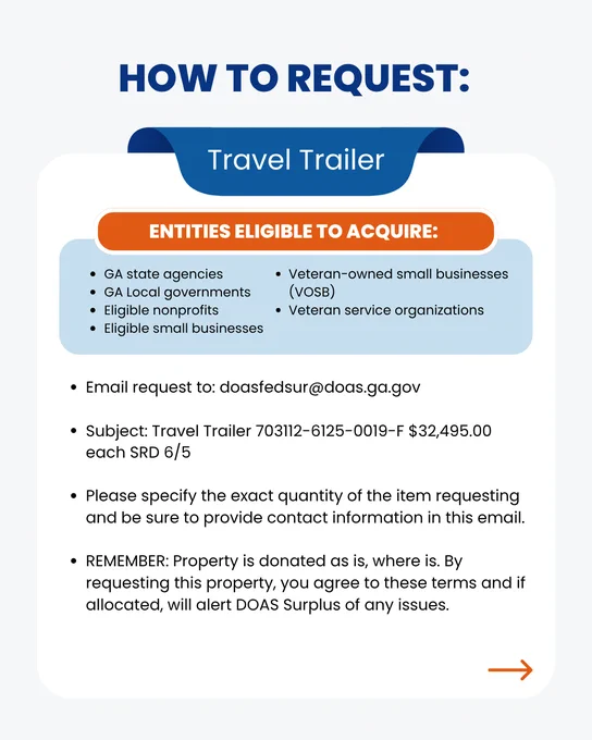 The graphic contains written information about the item and how to request it from DOAS Surplus. To request, interested parties must email doasfedsur@doas.ga.gov with the item name in the subject line. This item must be requested by June 5. 