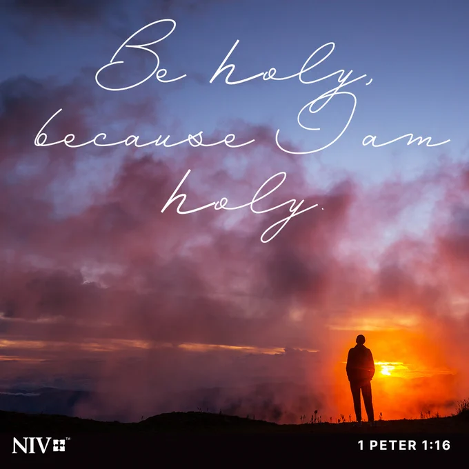 A silhouette of a person in front of a foggy sunset with the 1 Peter 1:16 NIV Bible verse; "Be holy, because I am holy."
