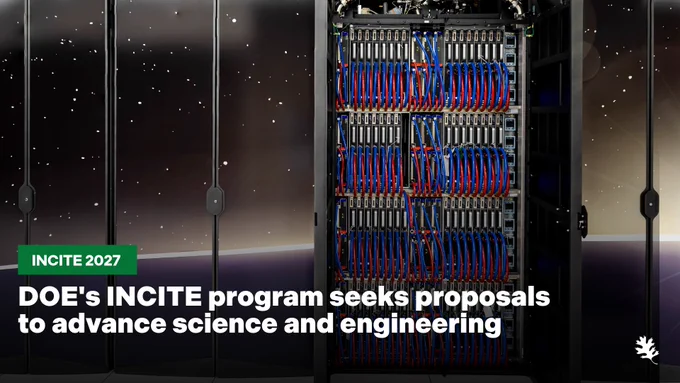 A set of large server racks filled with intricately arranged red and blue cables. Text overlay reads, "DOE's INCITE program seeks proposals to advance science and engineering" with a green label "INCITE 2027" and a small logo in the corner.