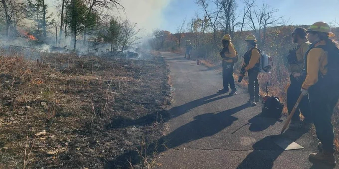 Firefighters in yellow gear monitor a controlled burn along a roadside with smoke rising into a clear blue sky.