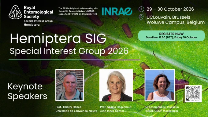 Promotional banner for the Hemiptera SIG 2026 event by the Royal Entomological Society, featuring keynote speakers and event details.