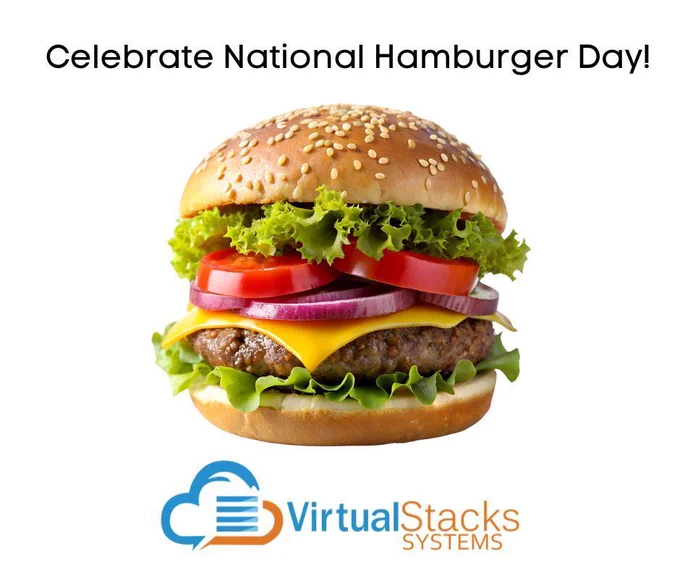 Photo illustration of hamburger; Virtual Stacks Systems logo.