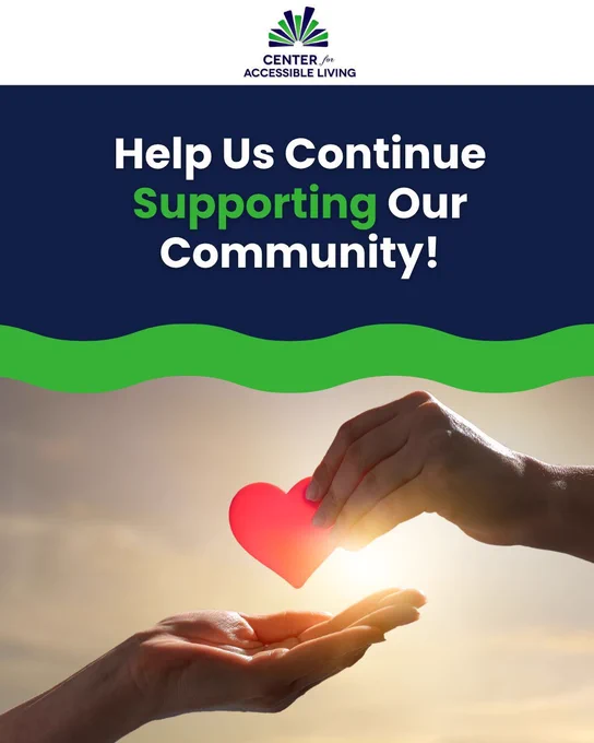 Text reading 'help us continue supporting our community!' with an image of a hand holding a piece of heart-shaped paper placing it in another hands palm. 