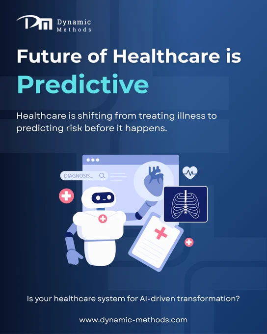 Healthcare is moving from reactive care to predictive care.
The future is not just digital. It is intelligent, data-driven, and AI-powered. 🤖🩺
At Dynamic Method Solution, we believe healthcare systems should do more than store records. They should help teams predict risk, improve decisions, and create better patient outcomes before problems grow.
If your healthcare system is ready for AI-driven transformation, let’s build it right.
👉 Visit our website to learn more: https://dynamic-methods.com/healthcare/
#HealthTech #DigitalTransformation #PurposeIntelligence #AIinHealthcare #SaaS #CustomSoftware #Innovation #VelocityCoding #Automation #DynamicMethodSolution 
