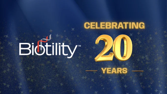 navy blue curtain background with glittery stars and biotility logo with text reading Celebrating 20 Years
