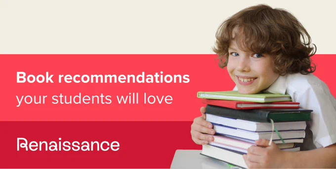 A person with curly hair smiles while hugging a stack of books. The image includes text: "Book recommendations your students will love" and the logo "Renaissance.