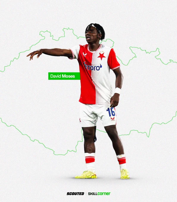 A full body cutout of SK Slavia Prague midfielder David Moses in the red and white home kit, pointing with his right arm. A bright green label is attached, displaying his name with an outline of Czechia surrounding him. The image is set on an off-white background with SCOUTED and SkillCorner logos at the bottom.