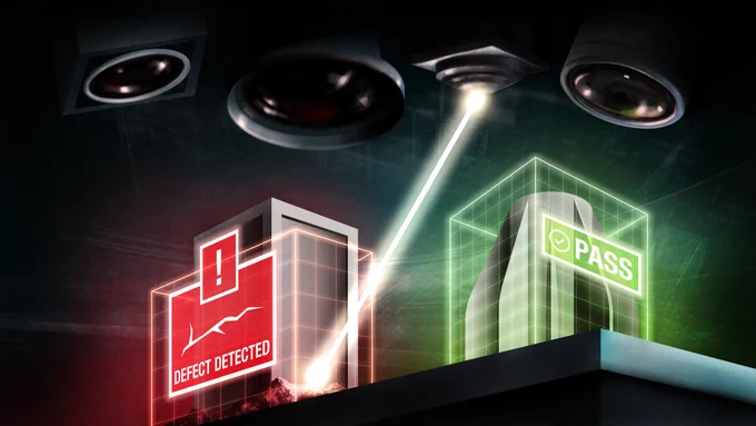 A graphic of a laser scanning an object, resulting in a red box displaying "Defect Detected" on the left and a green box displaying "PASS" on the right. Multiple camera lenses are positioned above, monitoring the process.