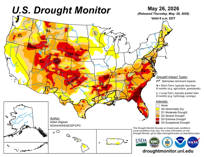 US Drought Monitor showing conditions for May 28, 2026. For more information and drought statistics, visit droughtmonitor.unl.edu.