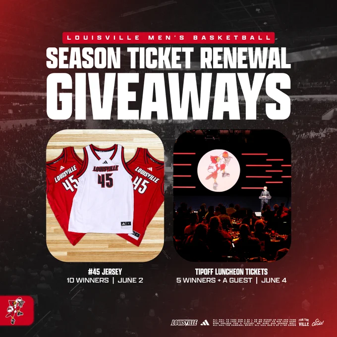 Season Ticket Renewal Giveaways 
#45 jerseys, 10 winners will be selected out of people renewed by June 2
Tipoff Luncheon Tickets, 5 winners and a guest will be selected out of people renewed by June 4