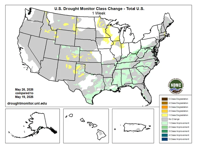 US Drought Monitor class change map comparing conditions from May 26 to May 19. Many areas of the Southeast and South saw improvement this week, with some degradation in the Texas Panhandle. Parts of the Midwest saw degradation, with some improvement in Kentucky, Indiana and Missouri. The rest of the Lower 48 saw a mix of improvement and degradation to conditions. Alaska saw some improvement.

For more information and statistics, visit https://go.unl.edu/change-maps