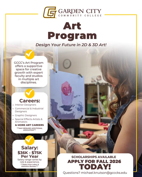 Student painting a colorful abstract artwork in a bright studio, promoting Garden City Community College's supportive Art Program for 2D and 3D design careers.