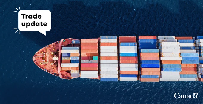 Aerial view of a cargo ship at sea. Text: Trade update