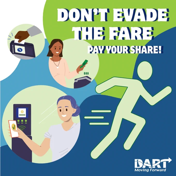 Green and blue background with text stating Dont evade the fare, pay your share!