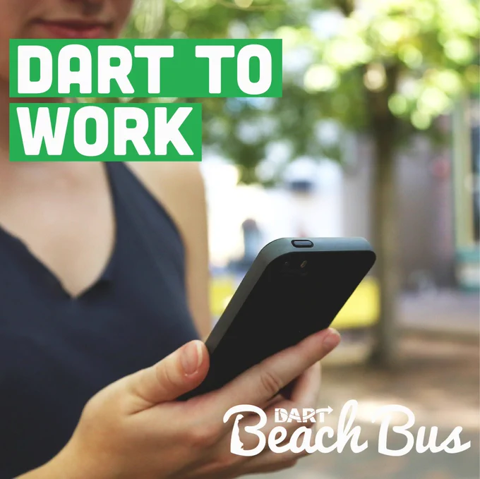 photo of someone on their phone with text stating DART to work