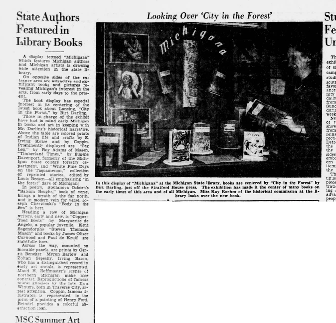 Newspaper article listing several Michigan authors and artists that is accompanied by a photo of the "Michigana" exhibit at the State Library.