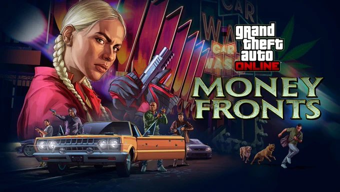 Grand Theft Auto Online Money Fronts poster featuring a character racking a handgun, an armed gang standing next to a yellow lowrider covered with bullet holes, and the Hands On Car Wash in the background. 
