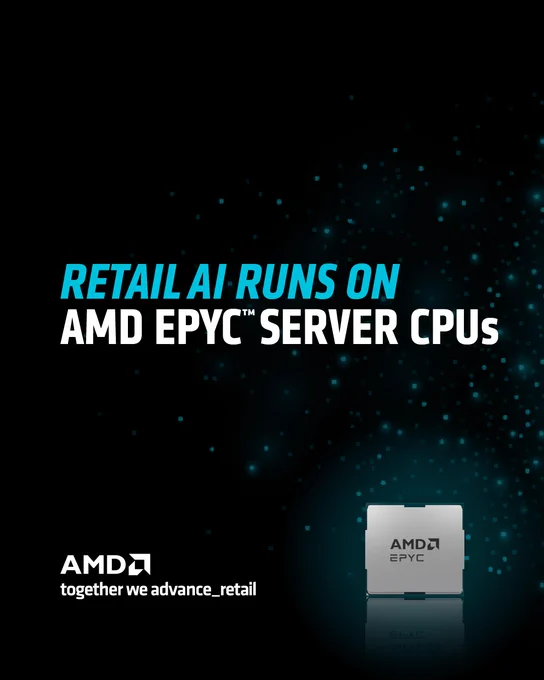 The image features a promotional graphic for AMD EPYC Server CPUs. The text reads "Retail AI Runs on AMD EPYC Server CPUs" in bold letters, with the AMD logo and tagline "together we advance_retail" at the bottom. A representation of an AMD EPYC processor is shown to the right on a dark background with blue accents.