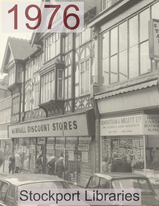 Street scene in 1976 showing Newhall Discount Stores and Rowbotham & Millett Ltd shops with people and cars.