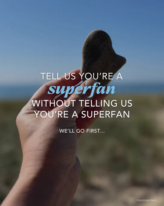 Hand holding a Petoskey stone with overlay text reading, Tell us you\u2019re a superfan without telling us you\u2019re a superfan