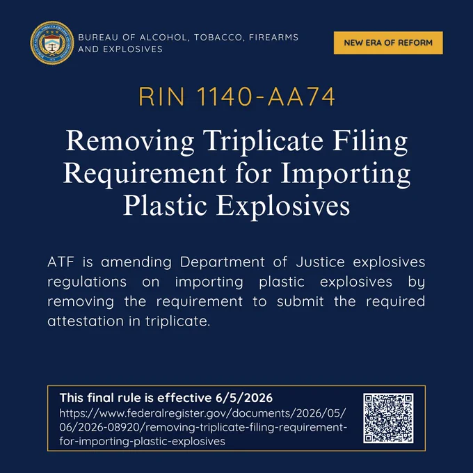 ATF announces removal of triplicate filing for importing plastic explosives effective June 5, 2026.