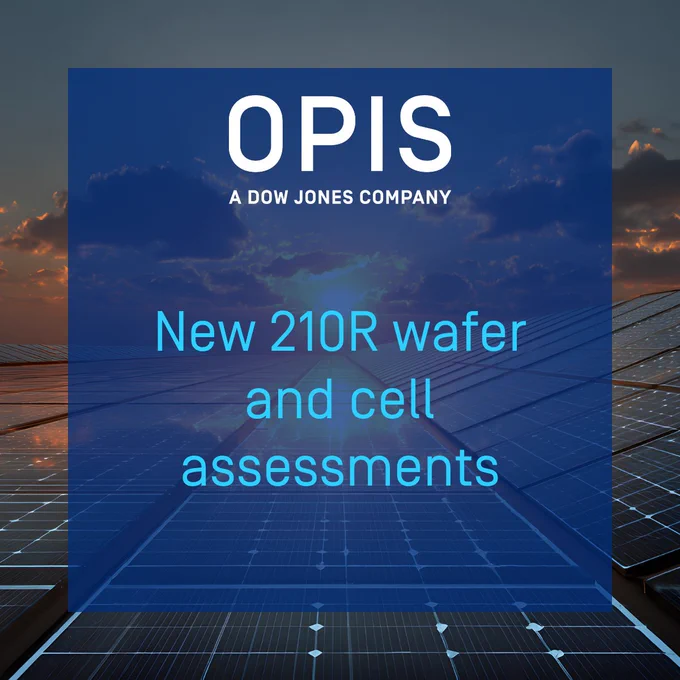 Solar panels under a cloudy sky with an overlay text that reads, "OPIS, a Dow Jones Company. New 210R wafer and cell assessments.