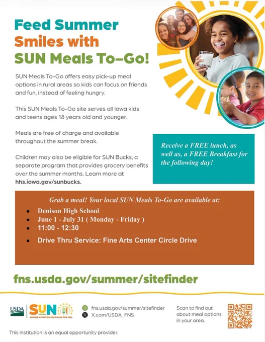 Informational poster about free SUN Meals To-Go summer program providing meals to Iowa children and teens with pickup times.