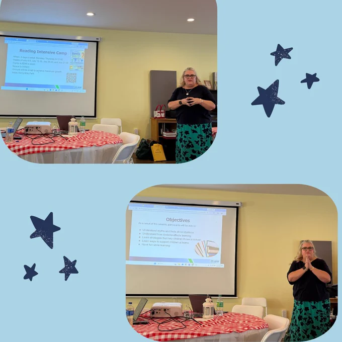 Two photos are arranged on a light blue background with decorative navy stars. In both photos, Ms. Jenny Douglas stands at the front of a meeting room presenting to parents during a session titled “Dyslexia Unlocked.” A projector screen behind her displays presentation slides about reading intensive camp opportunities and session objectives related to dyslexia myths, learning strategies, and ways to support children at home and in school. Ms. Douglas is wearing a navy top and a teal patterned skirt and gestures while speaking to the audience. Tables with laptops, a projector, water bottles, and red-and-white checkered tablecloths are visible in the foreground.