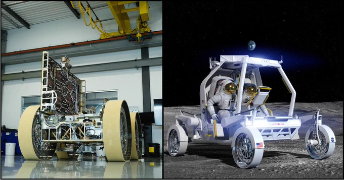 Picture of FLIP rover on the left in Astrolab's clean room with solar panel deployed, artist rendering of CLV-1 on the right