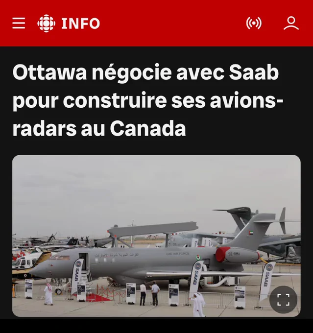 Titre d'un article intitulé : Ottawa négocie avec Saab pour construire ses avions-radars au Canada