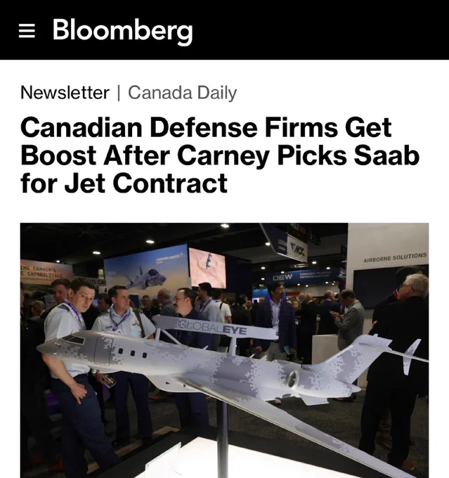 Article headline that reads: Canadian defense firm gets boost after Carney picked Saab for jet contract