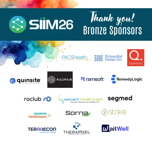 A colorful thank you poster for SIIM26 highlighting its bronze sponsors. The design combines vibrant watercolor splashes with sponsor logos.